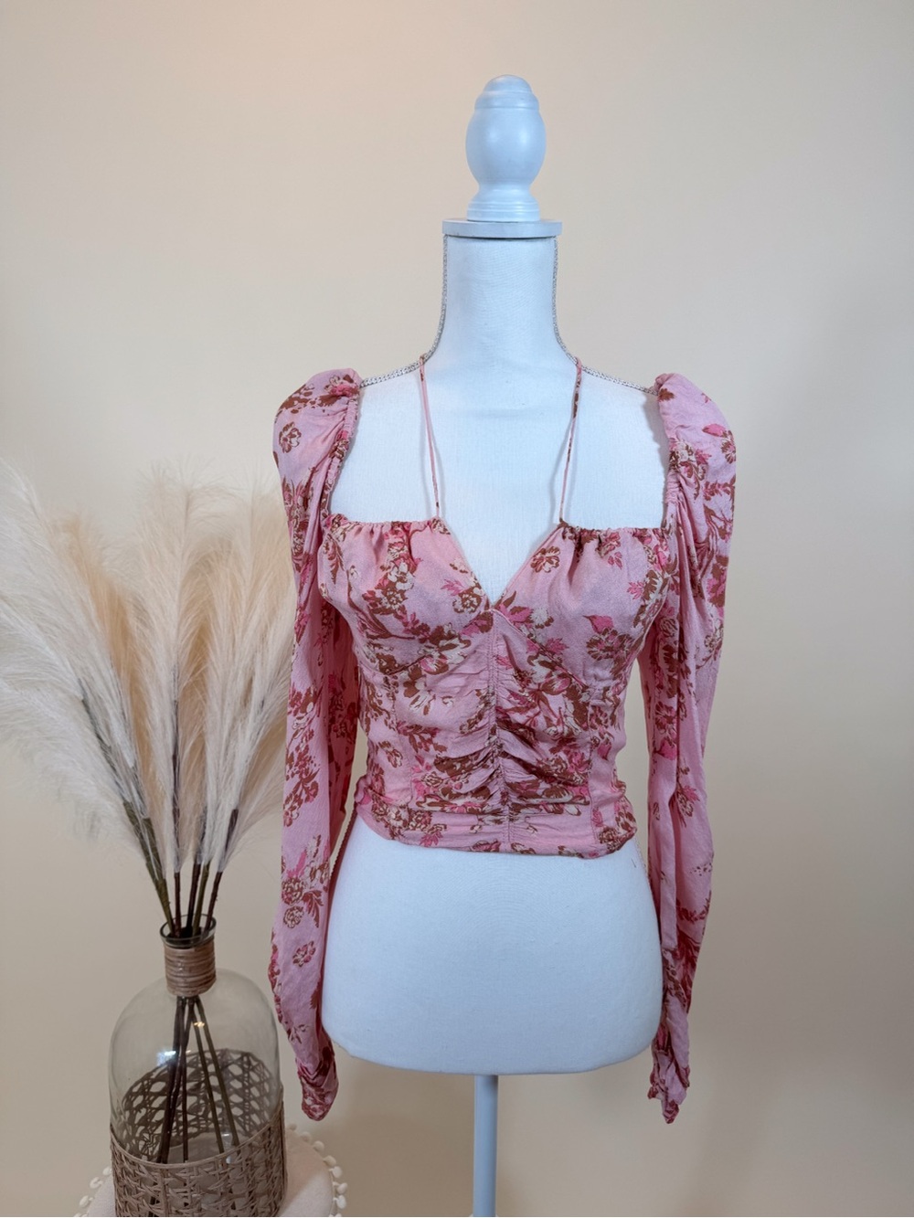 Free People Pink Floral Ruched Puff-Sleeve Crop Top